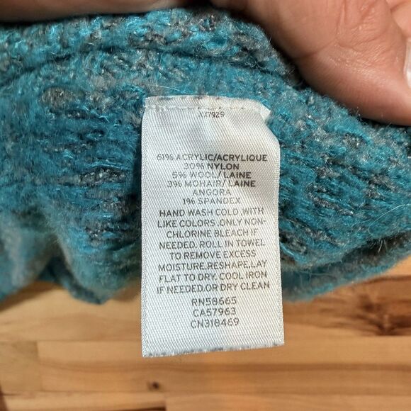 Caslon Gray Poncho Sweater Size Medium/Large Chunky Cowl Neck Teal/Gray Sweater - Picture 5 of 6